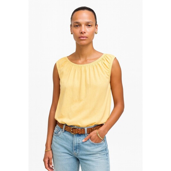 Madewell Boatneck Bubble Hem Tee Women Yellow Cotton Linen Large Top Shirred - Picture 1 of 10